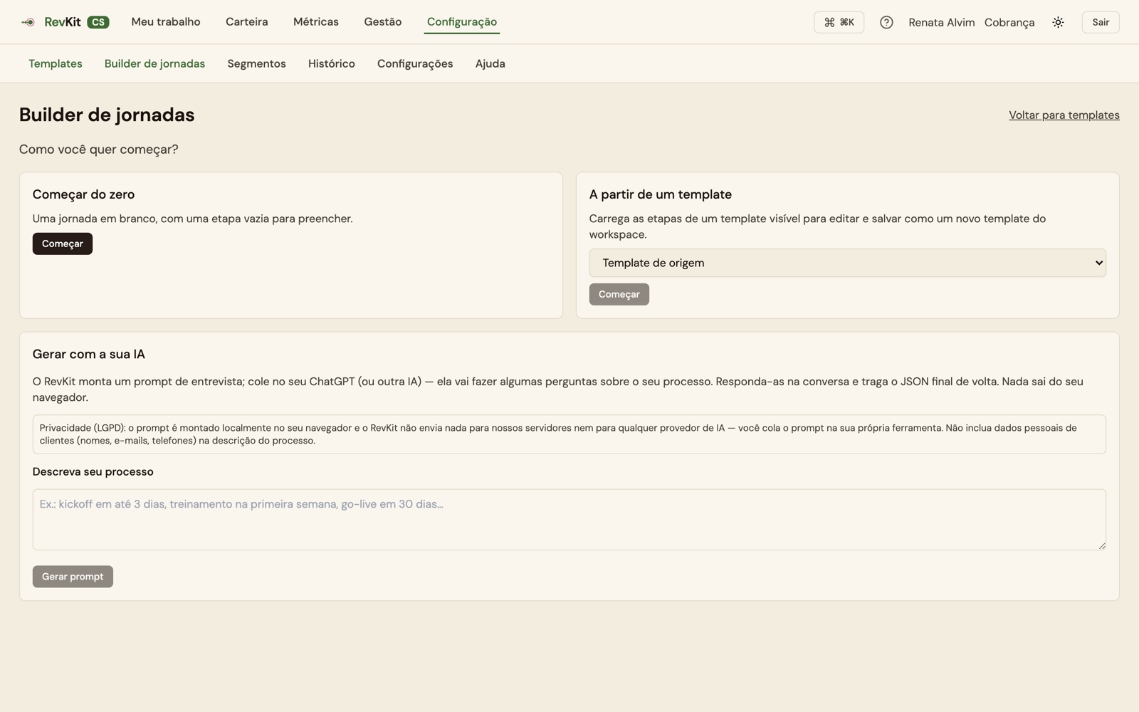 Builder de jornadas do RevKit, com as três portas de início: do zero, a partir de um template ou gerado com a sua IA